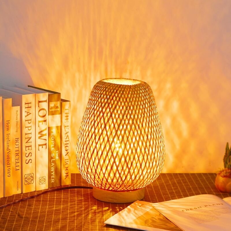 Handgefertigte Bambus-Tischlampe, geflochtene Schreibtischlampe mit Stecker, Boho-Tischlampen für Schlafzimmer, Nachttis...
