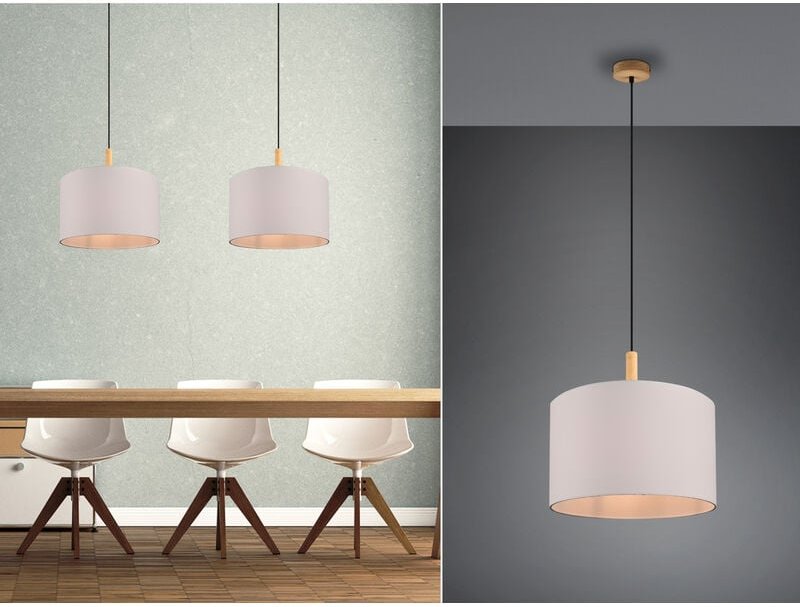 Meinewunschleuchte - led Pendelleuchte mit Stoff Lampenschirm Weiß & Holz Baldachin, ø 40cm