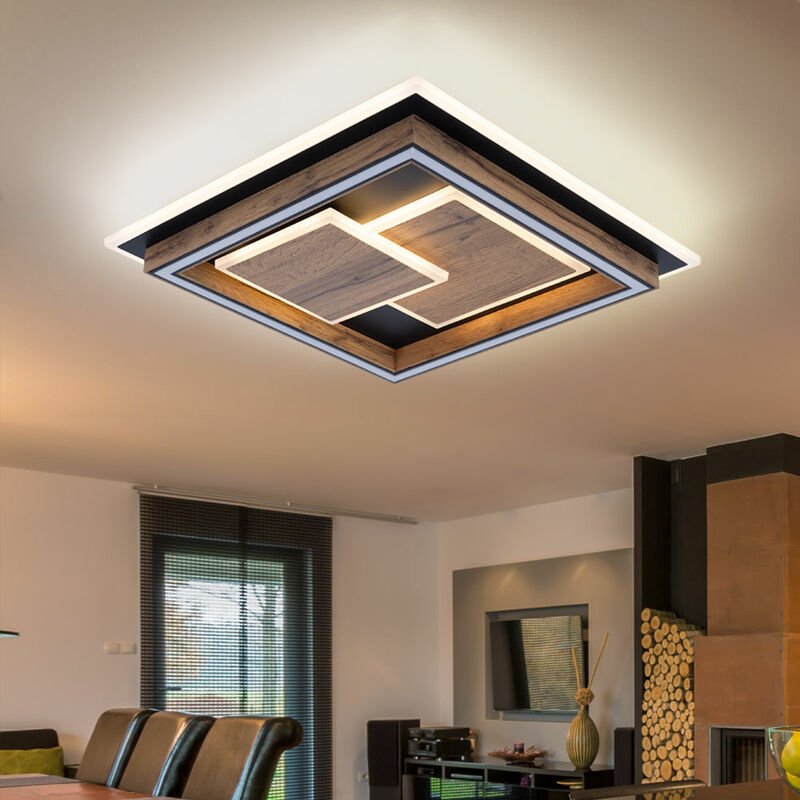 Deckenlampe Deckenleuchte Wohnzimmerlampe Esszimmerleuchte, Holzoptik MDF Metall schwarz opal, LED 32W 1600Lm wamweiß, L...