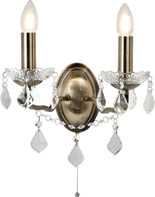 Thumbnail - Paris - 2 Licht Innenkerze Wandleuchte Antik Messing, Klar mit Kristallglas, E14 - Searchlight