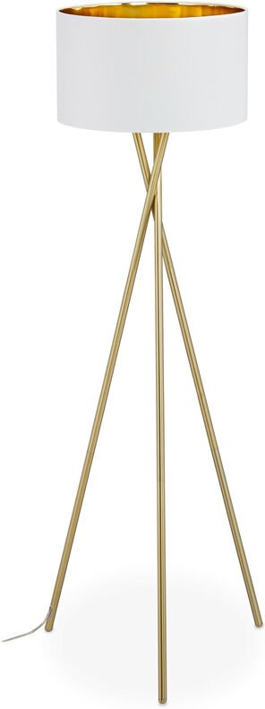 Relaxdays Dreibein Stehlampe, Tripod Lampe mit Stoffschirm, HxD 148,5 x 53,5 cm, E27 Fassung, Leinen & Metall, gold/weiß