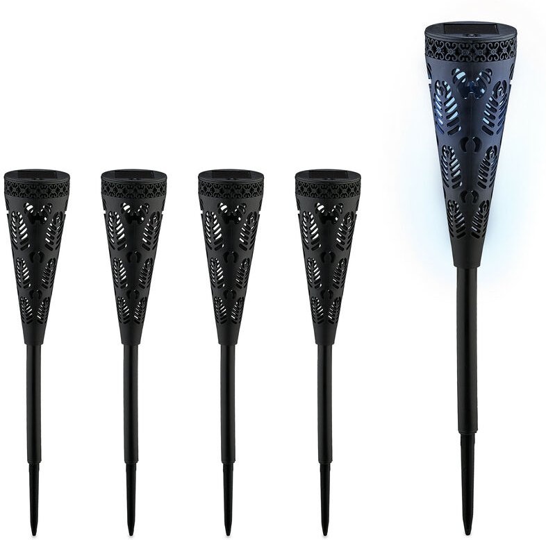 Relaxdays Solarlampe 5er Set, Fackel-Design, Gartenbeleuchtung mit Lichteffekt, H x D: 41 x 7 cm, mit Erdspieß, schwarz