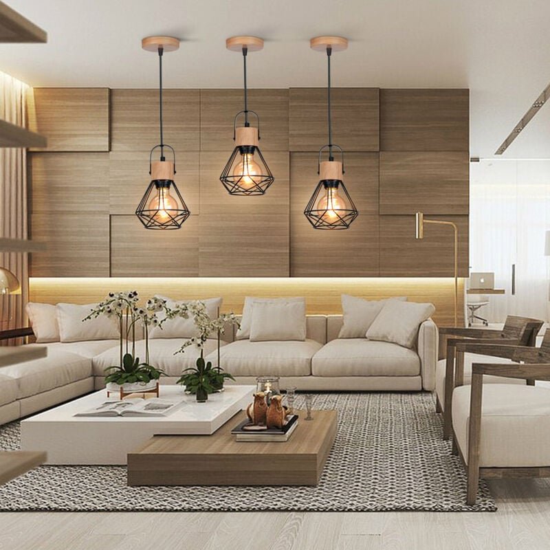 3 Stück Vintage Pendelleuchte Käfig Lampenschirm Hängelampe Holz Metall Deckenlampe Schwarz Kronleuchter Ø16cm