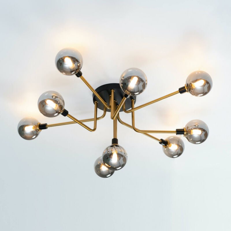 Moderne schwarz-goldene Deckenleuchte mit 9 Bernsteinglaskugeln - Merano