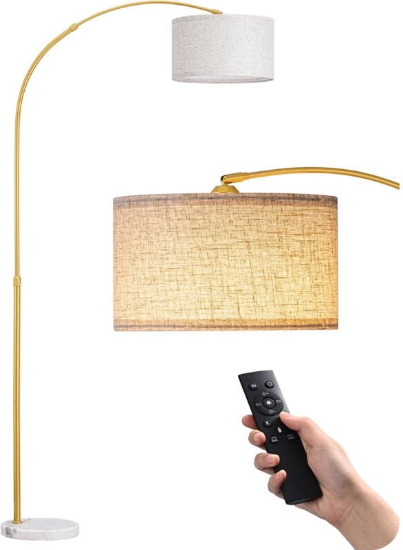 EDISHINE Bogenlampe Wohnzimmer mit E27 LED-Glühbirne & Fernbedienung, Höhenverstellbar, drehbarer Lampenkopf, Gold