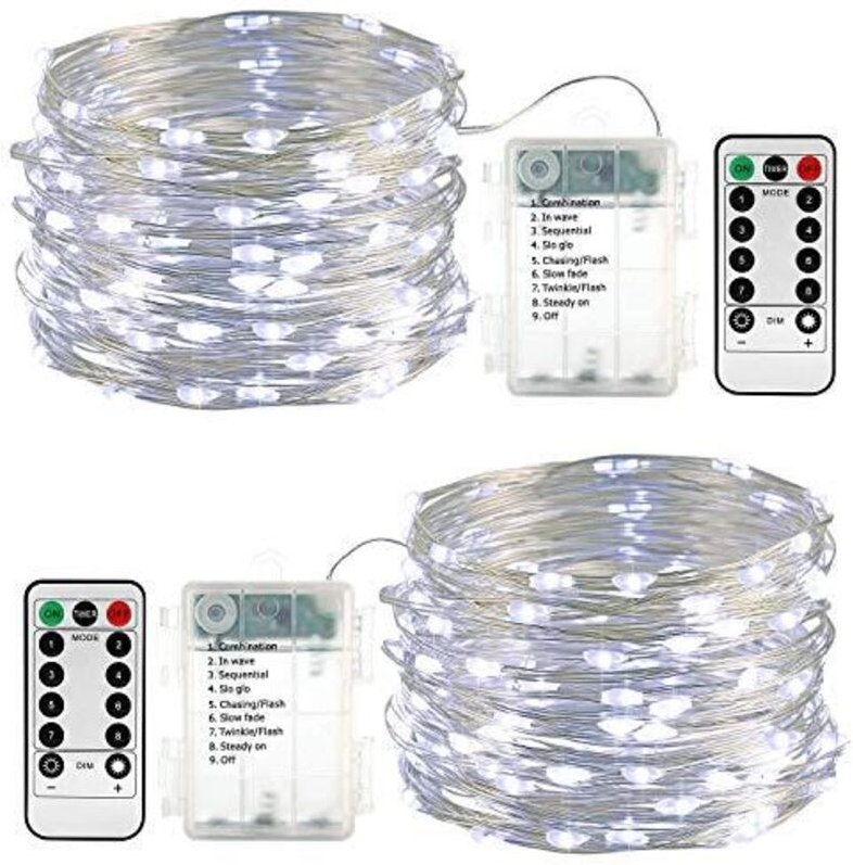 Set aus 2 batteriebetriebenen 10m (100 LED) LED-Lichterketten, wasserdicht, für den Außenbereich, mit Fernbedienung, Tim...
