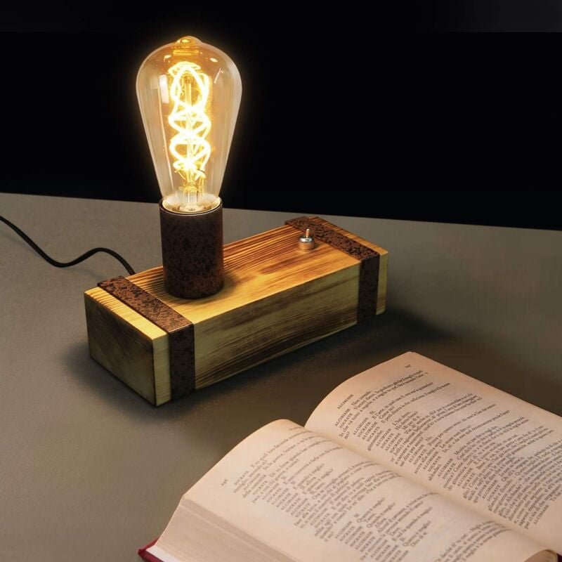 Thumbnail - Vintage Tischlampe Holz Gbly Tischleuchte Retro Nachttischlampe E27 Industrial Nachttischleuchte 20CM Nachtlampe mit Ste...