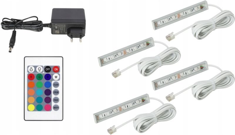 4x RGB-LEDs für Vitrinen, Regale, Fenster, Kabel, weiß