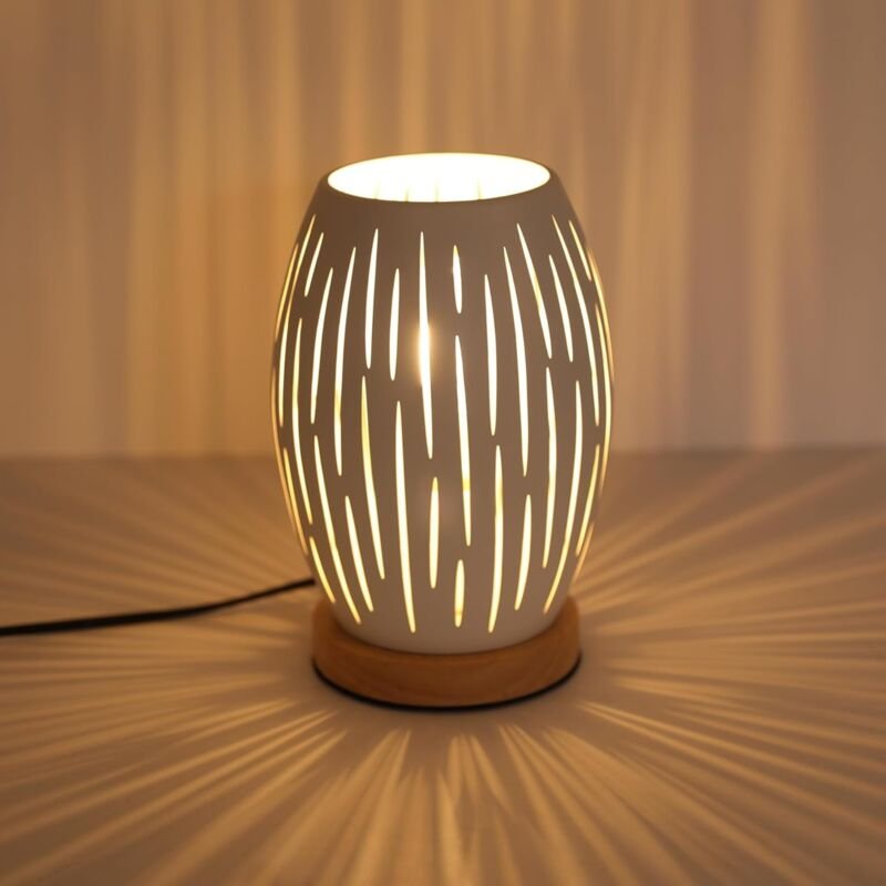Thumbnail - Nachttischlampe E27, Tischlampe mit Holzsockel und hohlem Metallschirm, dekorative Schreibtischlampe für Schlafzimmer, B...