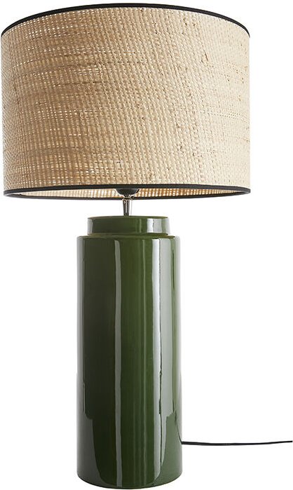 Tischleuchte aus emaillierter Keramik in Grün mit Lampenschirm aus naturfarbenem Bast H64 cm majes