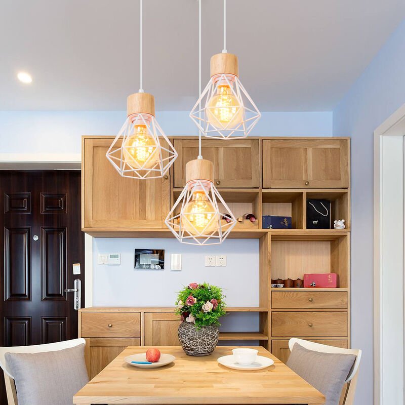 3-flammige Kronleuchter Industrial Hängeleuchte in Rautenform Schirm Design Deckenleuchte aus Metall und Holz für Wohnzi...