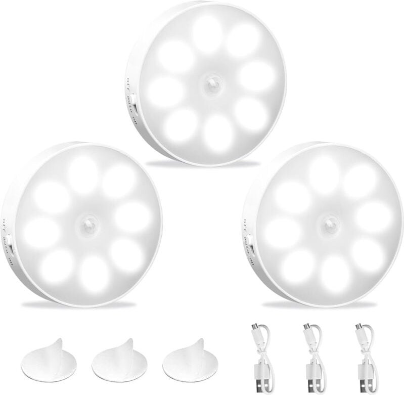 Set mit 3 automatischen, per USB aufladbaren LED-Lampen, 6000K Induktions-LED-Nachtlichter mit 8 kaltweißen LEDs, Bewegu...