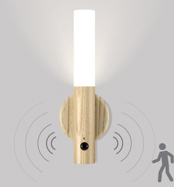 Kabellose Wandleuchte aus Holz, wiederaufladbares LED-Wandnachtlicht mit Bewegungsmelder, batteriebetriebene, wandmontie...