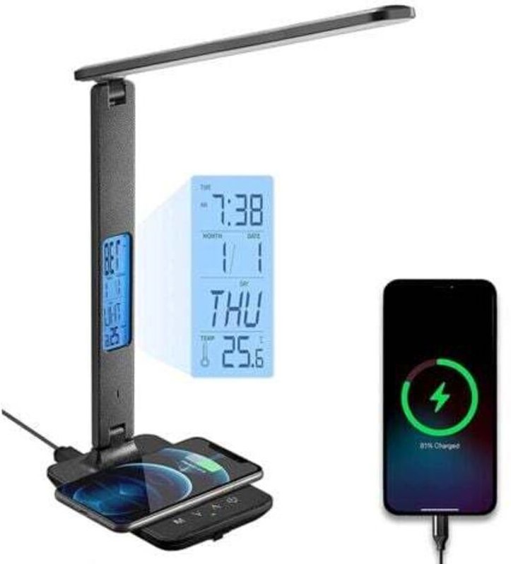 10-W-Falt-Schreibtischlampe mit kabelloser Ladefunktion und USB-Ladeanschluss, inklusive Uhr, Wecker, Datums- und Temper...