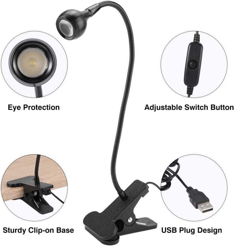 USB-LED-Tischleuchte, Nachttischlampe, Klemmleuchte mit Klemme und Batterieanschluss