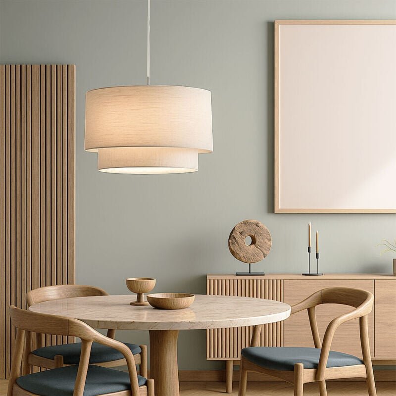 Hängelampe Esstischleuchte rund Pendellampe beige Textil Wohnzimmerlampe, Metall Nickel matt, 1x E27, DxH 40 x 150 cm