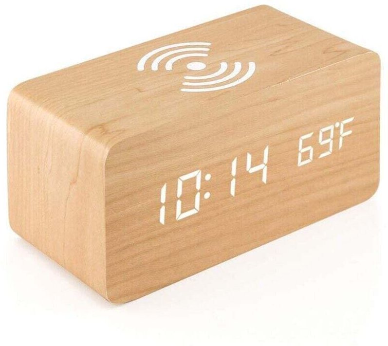 Digitaler Wecker aus Holz mit kabelloser Ladestation, 5-W-Schnellladegerät, Sprachsteuerung, für Schlafzimmer, Zuhause u...