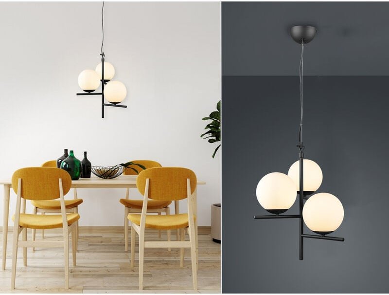 Trio - Pendelleuchte pure 3-flammig Schwarz mit Kugel Lampenschirmen Glas Weiß, ø 40cm