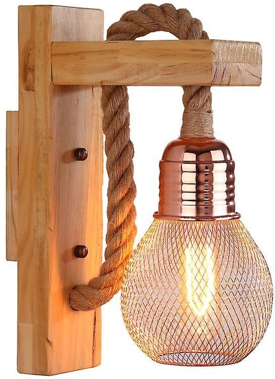 Qiedie - Industrielle LED-Wandleuchte aus Hanfseil / Holzlampe, E27-Sockelrosa
