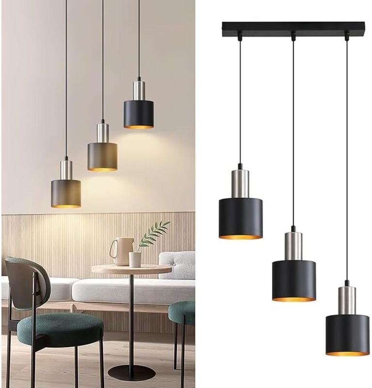 GBLY Pendelleuchte E27 Esstisch 3 Flammig Vintage Schwarz Gold Höhenverstellbar Industrielampe Ohne Leuchtmittel