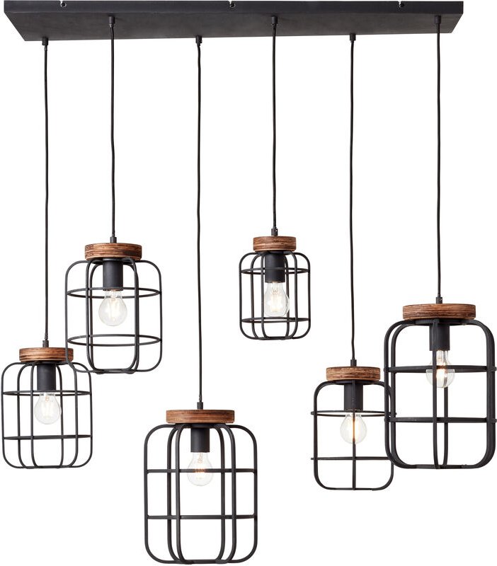 Brilliant Gwen Pendelleuchte 6flg schwarz stahl/holz, Metall/Holz, 6x A60, E27, 52 W
