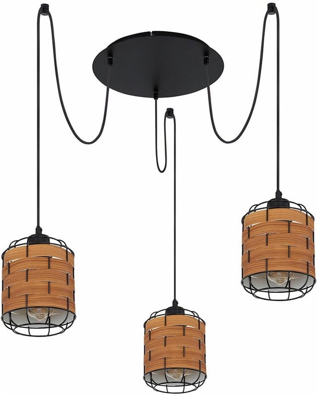 Pendelleuchte 3 flammig Lampenschirm Hängelampe Holzoptik Wohnzimmerlampe zum verstellen, Metall Kunststoff, schwarz bra...