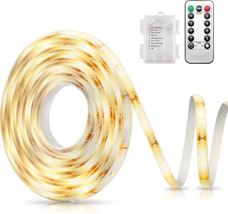 3M LED-Streifen mit 60 LEDs, batteriebetrieben mit Fernbedienung, 8 Modi, selbstklebend, wasserdicht für Hintergrundbele...