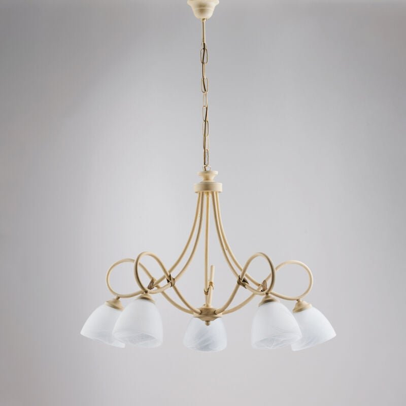 Belight - Dallas – Kronleuchter elfenbeinfarben, Goldeffekt, Alabasterglas Ø13, Ø69, 5-flammig – BL217-5-AV