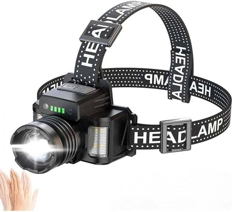 Wiederaufladbare LED-Stirnlampe, extrem leistungsstark, 50.000 Lumen, 3+3 Modi, Sensor und Rot-/Blaulicht, USB-aufladbar...