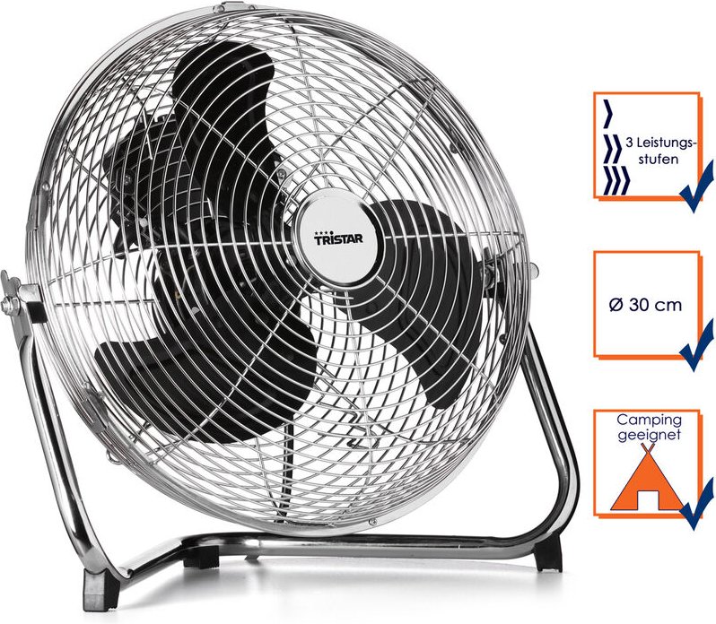 Tristar - Bodenventilator in silber, ø 30cm, 55 Watt, 3 Leistungsstufen, 130° Winkel