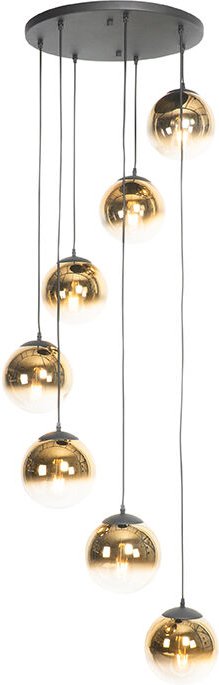 Thumbnail - Art Deco Hängelampe schwarz mit Goldglas 7-flammig - Pallon