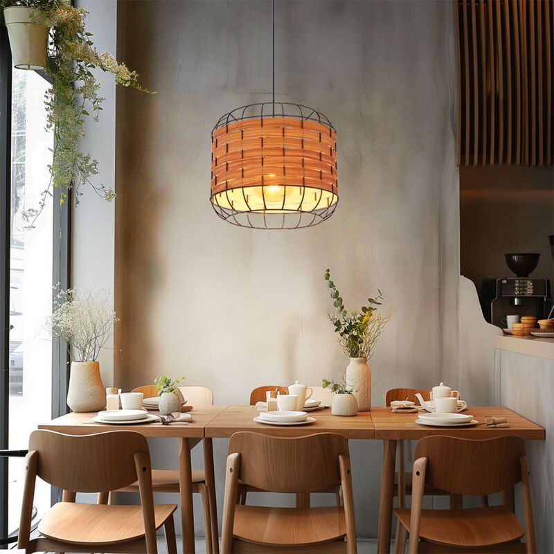 Pendellampe Esszimmerlampe Landhaus Holzoptik Hängelampe Gitterschirm, Metall, schwarz, matt, 1x E27 Fassung, DxH 35x120...