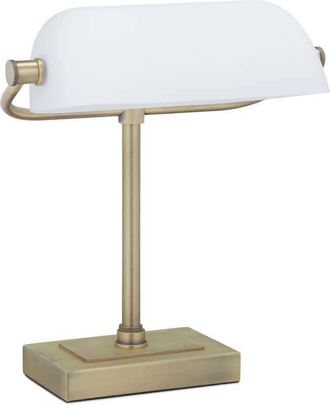 Bankerlampe, neigbarer Glasschirm, Metallsockel, E14, Schreibtischlampe Retro, Bibliothekslampe, weiß/messing - Relaxday...