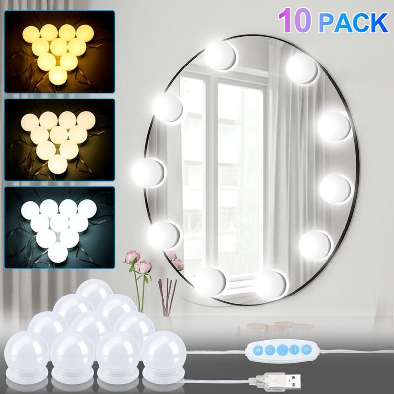 Wolketon 10x Led Spiegelleuchte 3 Farbe & Dimmbaren Helligkeitsstufen Led Spiegelleuchte Make Up Licht Naturweiß 10W