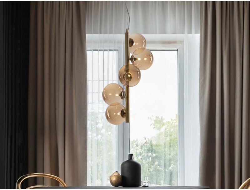 Pendelleuchte HONEY 5-flammig Gold-Glaskugeln Bernsteinfarbig, Höhe 183cm