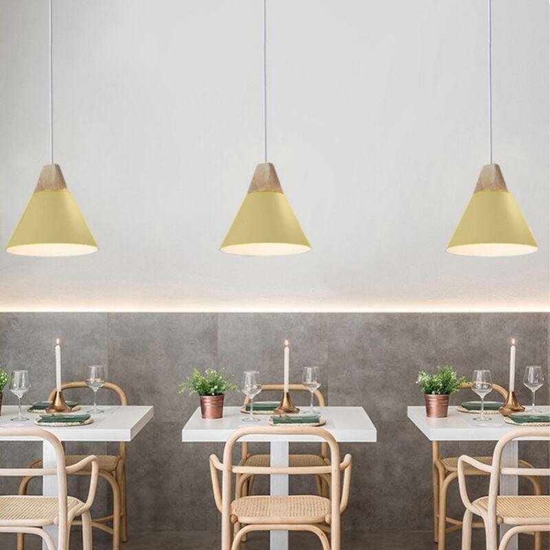 3 Stück Moderne Pendelleuchte Industrielle Hängelampe Holz Metall Deckenleuchten für Esszimmer Küche Gelb Ø22cm