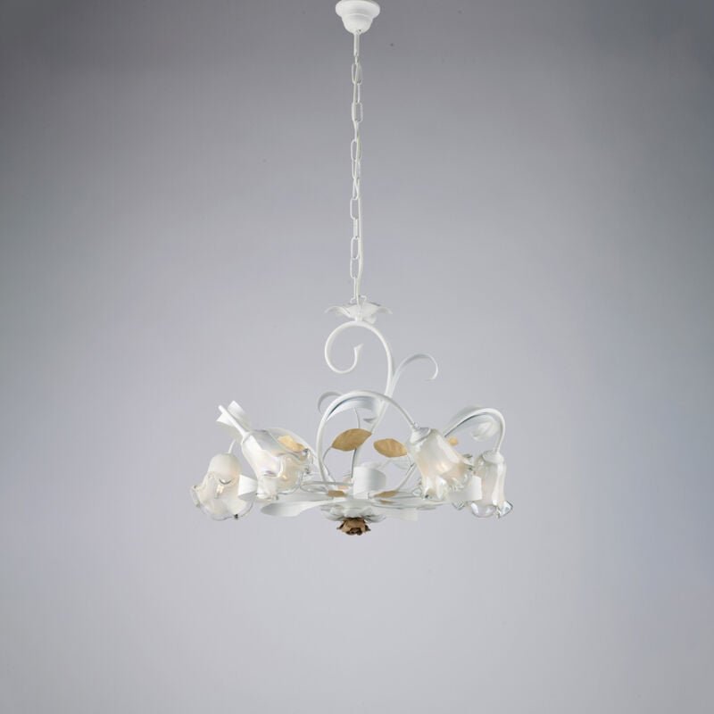 Bonetti Illumina - Cesto – Shabby-Kronleuchter aus weiß lackiertem Eisen, 5 Lichter, 142 – Ø65 – BL274-5-BCO