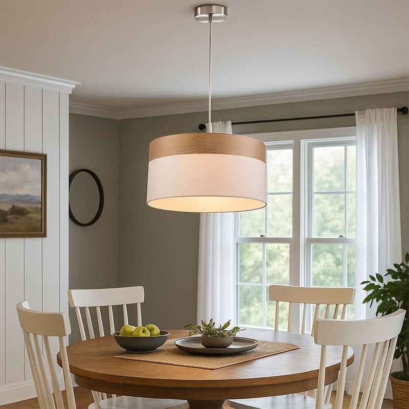 Led Hängeleuchte Wohnzimmerlampe Pendelleuchte Esstischlampe Küchenleuchte Holzoptik, Textil weiß, 9W 810lm warmweiß, Dx...