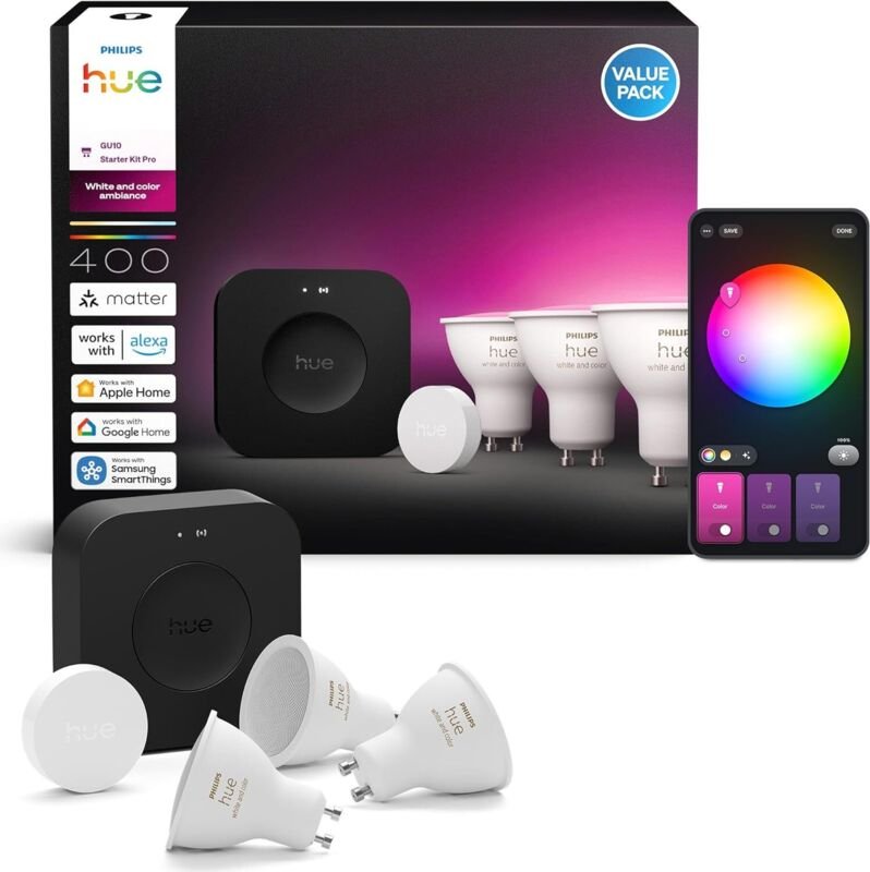 Philips Hue Starter-Set: Bridge Pro + 3 GU10-Strahler + Smart Button, Weiß & Farbe Ambiente, dimmbare Philips Hue Lampe,...