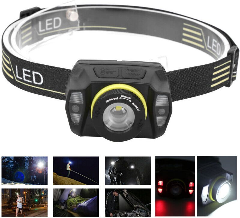 XPG+LED Hochleistungs-Stirnlampe mit Vibrationsfunktion und Zoom, integriertem Akku und USB-Ladefunktion.