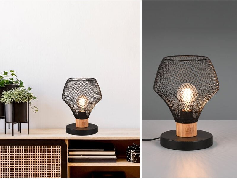 Trio Lighting - Kleine Tischleuchte valeria Drahtgeflecht Schwarz mit Holz, Höhe 25cm