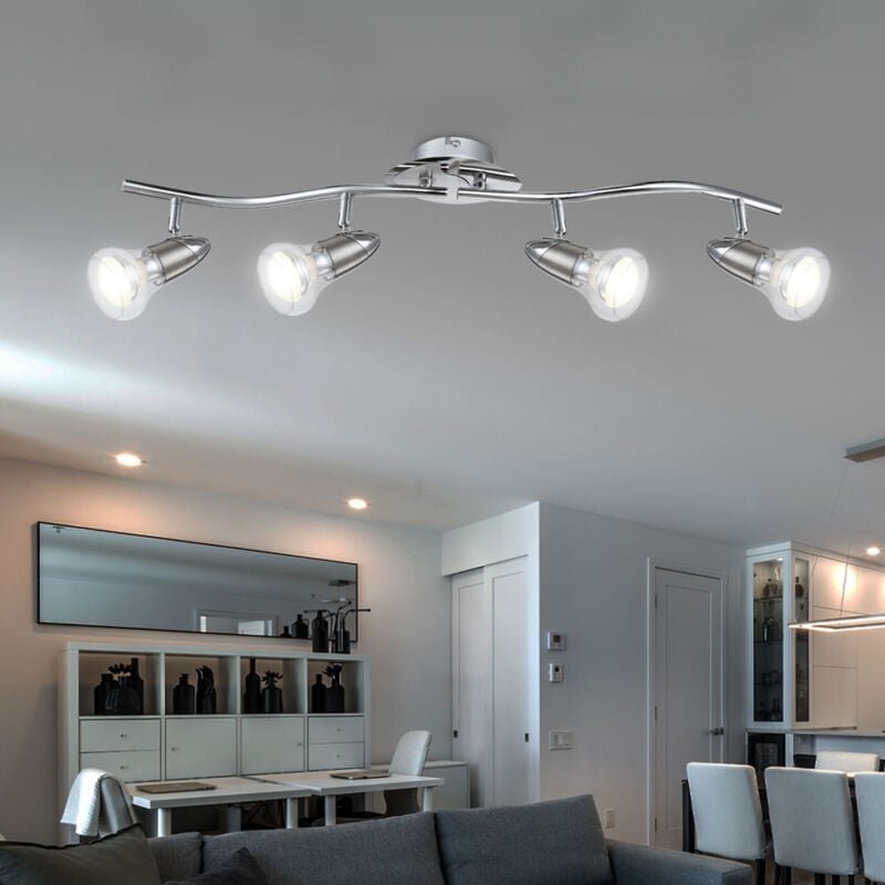 Deckenlampe Deckenleuchte Spotleiste Wohnzimmerleuchte, 4 Flammig Spots beweglich, Chrom Nickel matt Glas satiniert, led...