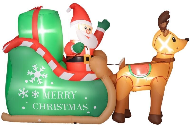 Outsunny - Aufblasbar Weihnachtsdeko, 2,1 m Weihnachtsmann mit Schlitten & Rentier, LED-Beleuchtung, Selbstaufblasende W...