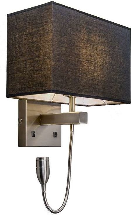 Wandleuchte Stahl mit schwarzem Schirm und Lesearm inkl. led - Bergamo