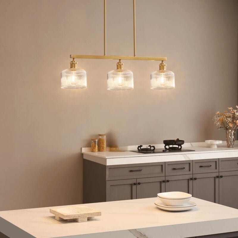 Vintage-Hängeleuchte aus Messing mit drei gerillten Klargläsern - Auréline