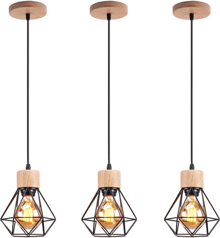 3er Pendelleuchte, Kronleuchter im Industri Stil, Antik Hängelampe mit Ø16cm Mini Diamant-Form Käfig E27 Halter für Wohn...