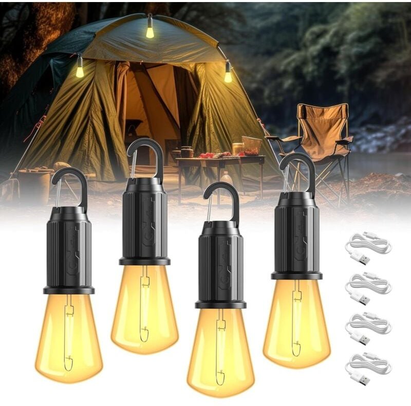 Set mit 4 wiederaufladbaren LED-Campinglaternen, Schutzart IP65, 3 Helligkeitsstufen, ideal für Camping, Wandern und Not...