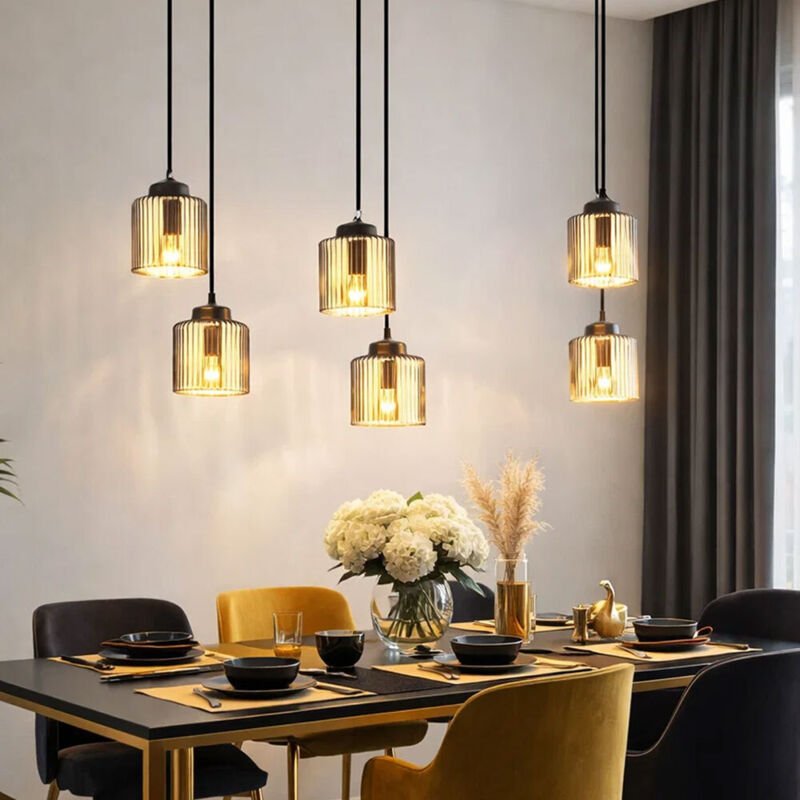 LED Pendelleuchte 6 flammig Hängelampe Glas verchromt Esstischleuchte schwarz, 6x 9W 6x 810lm warmweiß, L x H 83 x 120 c...