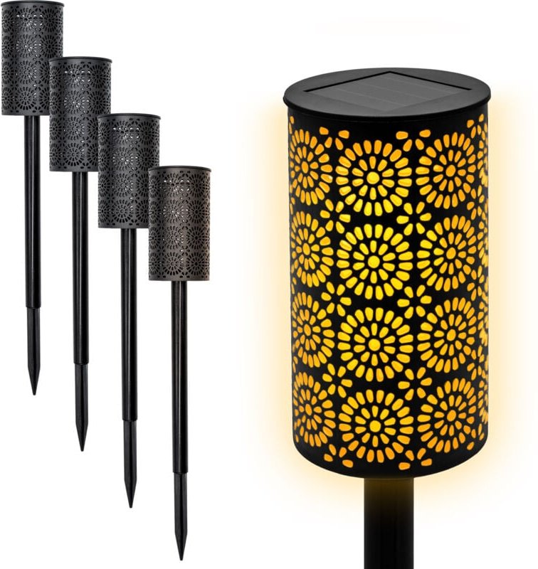 Led Solar Gartenfackel mit Blumen Muster 49 x 7 cm - 4er Set - Wegeleuchte mit realistischem Flammeneffekt