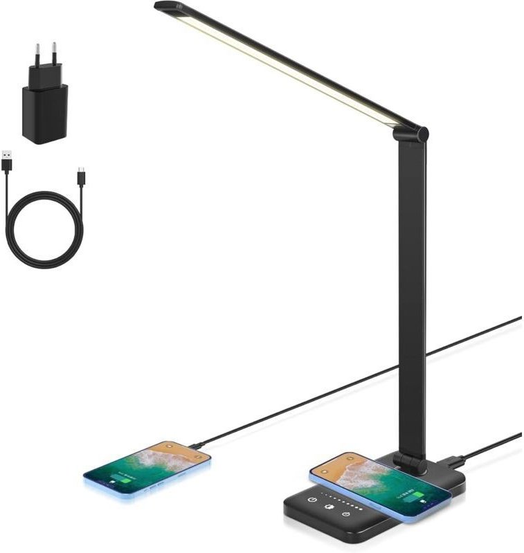 LED-Schreibtischlampe, dimmbare Tischlampe mit kabelloser Ladefunktion, 7,5 W und USB-Ladeanschluss, Leselampe zum Schut...